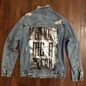 ZARA DESTROYED FOIL PRINT DENIM JACKET